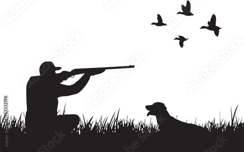 Hunter and dog in grass with flying birds silhouette