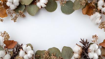 Autumn composition frame with eucalyptus branches, cotton flowers and dried leaves, flat lay top view on white background, seasonal fall copy space template