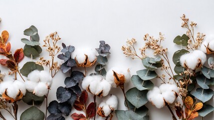 Autumn composition frame with eucalyptus branches, cotton flowers and dried leaves, flat lay top view on white background, seasonal fall copy space template