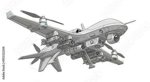 Detailed illustration of a military drone with advanced technology and weaponry.