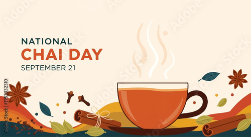 National chai day celebration with steaming cup of tea and spices on a colorful background