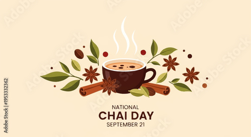 Warm national chai day celebration with spices and leaves on beige background