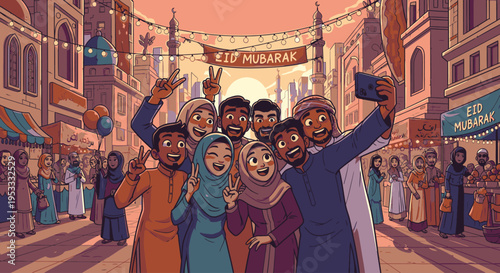 Illustration of a diverse group of people taking a selfie on a vibrant street during Eid al-Fitr celebrations with colorful buildings and festive lights.