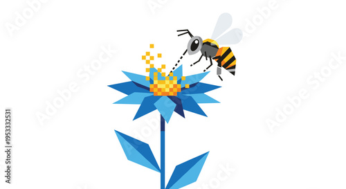 A stylized robotic bee with black and yellow stripes actively pollinates a blue polygonal flower with pixelated yellow pollen.