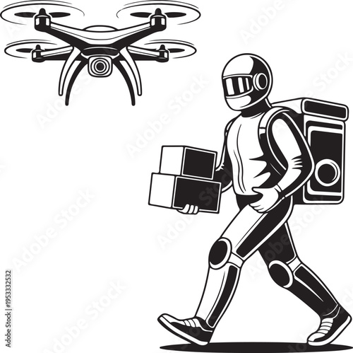 Vector silhouette of a robot Santa delivering presents with drones