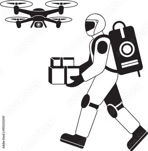 Vector silhouette of a robot Santa delivering presents with drones