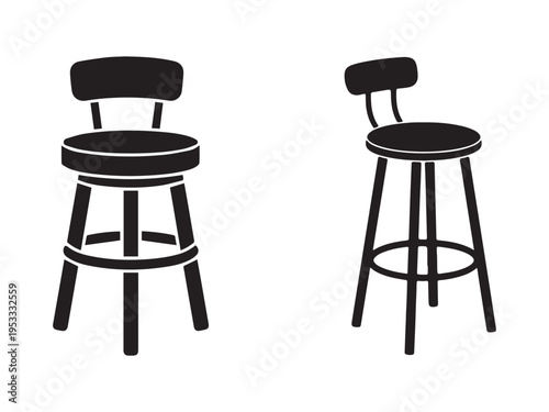 Two black stools with backrests on white background for furniture design or icon usage in various applications  simple silhouettes