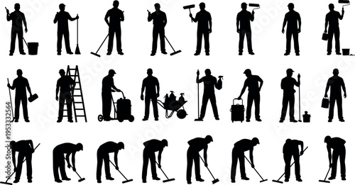 Cleaning worker silhouettes with mop broom bucket and ladder isolated on white background, janitor housekeeping staff collection for sanitation service, maintenance job vector illustration
