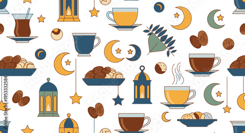 Flat lay pattern of Ramadan-themed icons including coffee cups, pastries, lanterns, moons, and stars on a white background with warm, earthy tones.