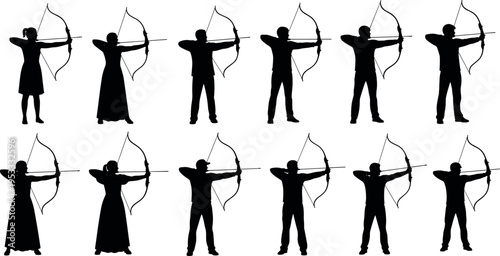 Collection of archer silhouettes aiming bow and arrow isolated on white background, traditional archery people set for sport competition, hunting activity vector illustration