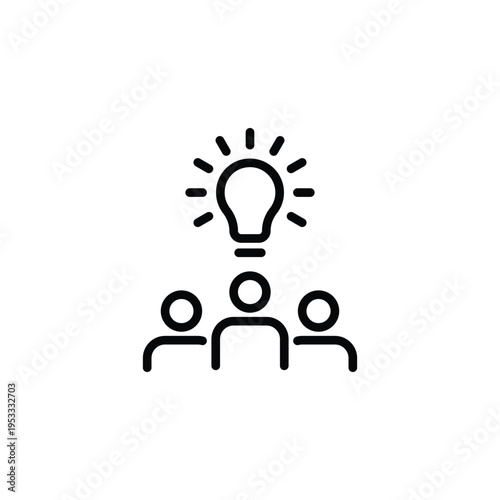 Team of Three Figures Gazing at Glowing Lightbulb Idea. Web icons in line style. Editable stroke