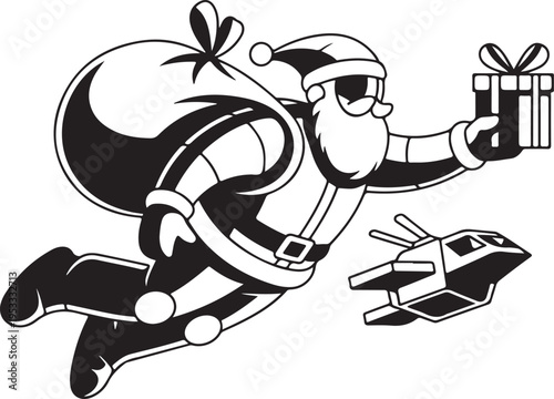 Vector silhouette of a robot Santa delivering presents with drones