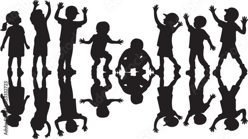 Vector silhouette of children on white background.
