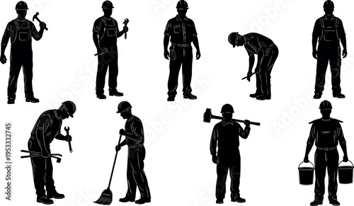 Construction worker silhouettes set with tools hammer wrench broom and buckets manual labor technician builder maintenance staff industrial occupation vector collection isolated on white