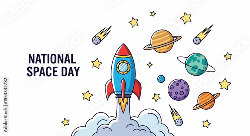 Colorful rocket ship blasts off into space with planets and stars on national space day