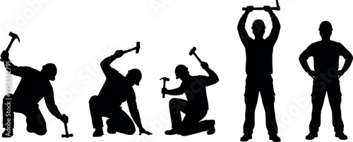 Construction worker silhouettes with hammer in dynamic working poses isolated on white background, manual labor builder action set for industrial repair vector illustration