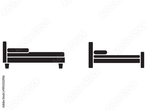 Two minimalist bed icons side by side with simple headboards and mattresses on legs isolated on white background