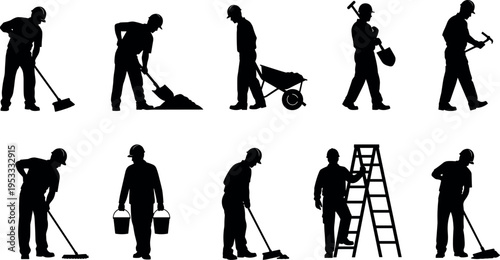 Construction worker silhouettes with shovel broom ladder and wheelbarrow isolated on white background, manual labor builder collection for maintenance repair industry vector illustration design
