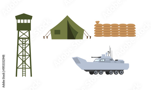 Military infrastructure and equipment illustration showcasing various assets