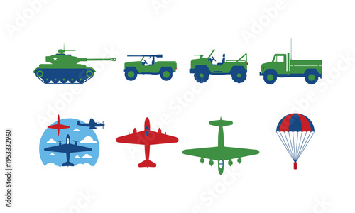 Vintage military vehicles and aircraft illustrated in colorful icons