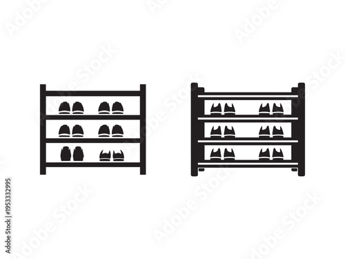 Two minimalist black shoe racks with multiple shelves holding various pairs of shoes
