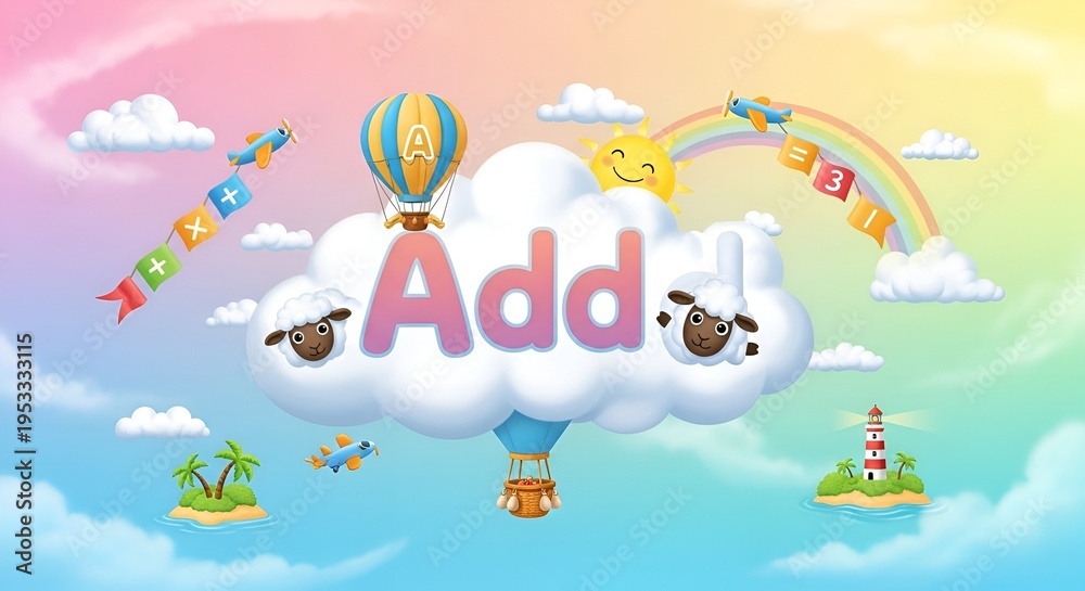 Naklejka premium A colorful cartoon illustration of a cloud with the word Add on it