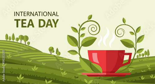 Steaming red tea cup on saucer with green tea leaves and hills on international tea day