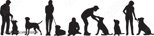 Vector silhouette of people with dog on white background.