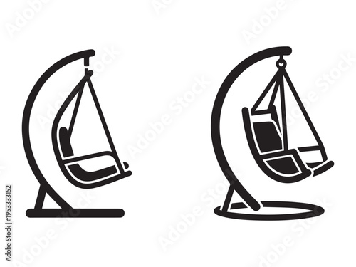 Two modern hanging egg chairs with curved frames and suspended seats for indoor outdoor relaxation and leisure activities