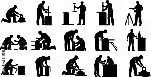 Industrial worker silhouettes operating mechanical press and factory machinery set manufacturing labor engineering process technicians repairing equipment isolated vector collection