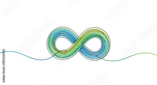 A single continuous black line forms an infinity symbol, filled with vibrant blue and green gradient stripes, centrally positioned on a white background.