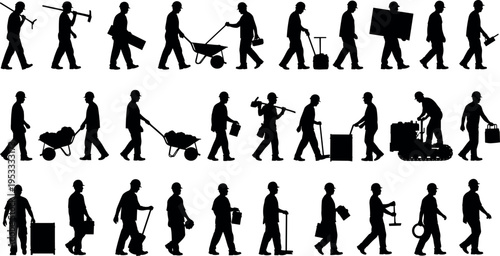 Large set of construction worker silhouettes walking with tools and equipment isolated on white background, professional builders collection for industry, repair service, labor job vector