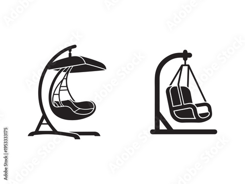 Two modern hanging garden patio swing chairs for outdoor relaxation and leisure activities in a backyard or park  comfortable seating for one person