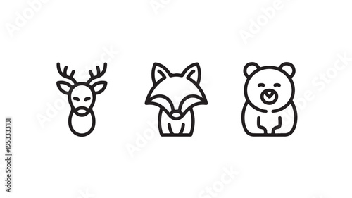 Black Line Art Illustrations Of Deer, Fox, And Bear Heads On White Background For Wildlife Or Cartoon Concepts