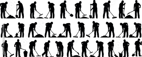 Manual labor worker silhouettes sweeping raking shoveling cleaning ground and collecting debris outdoor maintenance service workforce activity set isolated on white background vector illustration