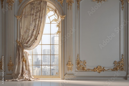 Ornate interior with arched window and draped curtains reveals cityscape.