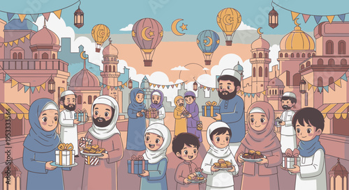 Illustration of a diverse group of people in traditional attire holding food and standing together in a Middle Eastern cityscape with hot air balloons and lanterns, conveying a festive and
