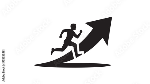 Silhouette Of Man Running Up An Arrow On White Background For Business Success Concepts