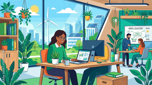 Woman working on laptop in modern eco friendly office with green plants and city view