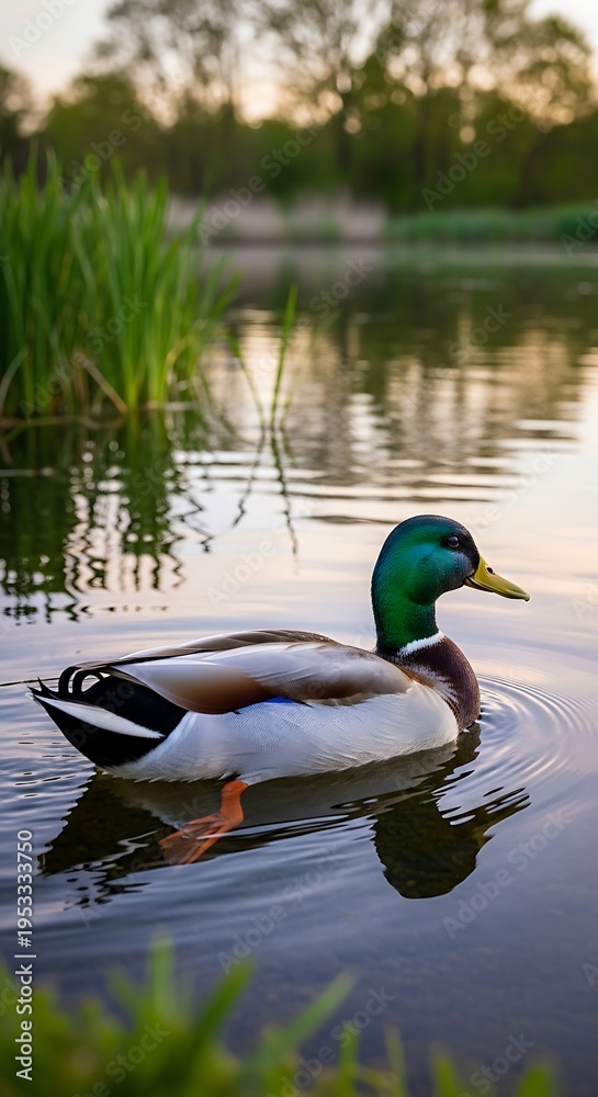 Fototapeta premium Mallard duck gracefully swimming on a tranquil lake with reflections.