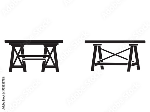 Two sawhorses in black silhouette shown from different angles for construction and carpentry purposes