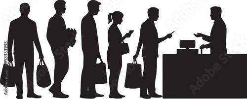 Silhouette of people in line at a counter queue