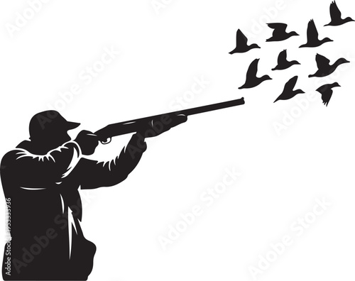 Silhouette of man shooting birds with shotgun