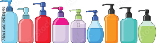 Colorful liquid soap dispenser bottles collection with pump tops, hygiene and skincare products in clean vector illustration style