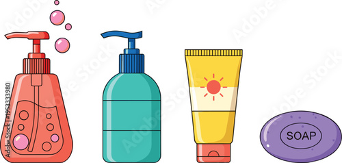 Personal care hygiene products set with liquid soap lotion tube and bar soap, colorful vector illustration collection