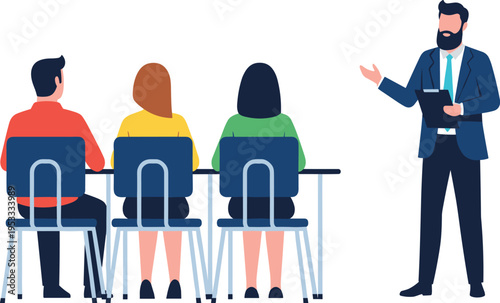 Business training seminar illustration with speaker and audience, corporate presentation meeting scene in flat vector design style