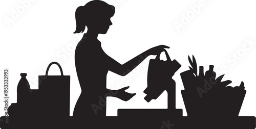 Woman putting into shopping bags on table groceries