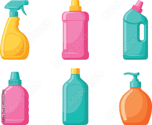 Colorful cleaning and detergent bottles set with spray and liquid containers, household hygiene products in vector illustration style