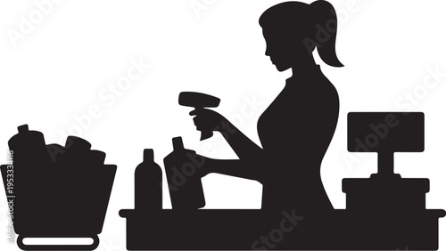 Woman scanning groceries at supermarket checkout grocery store