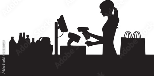 Woman scanning groceries at checkout counter with shopping bag